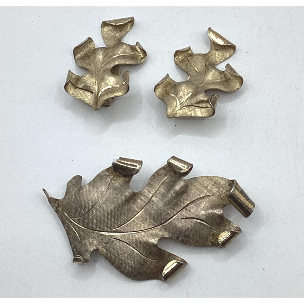 1950s Napier Sterling Silver Brooch and Clip Earrings Set-Signed Oak Leaf